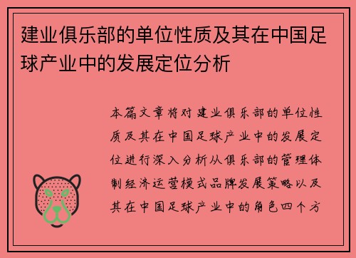建业俱乐部的单位性质及其在中国足球产业中的发展定位分析 建业俱乐部的单位性质及其在中国足球产业中的发展定位分析