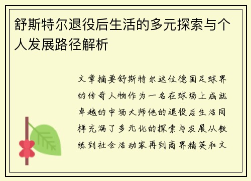 舒斯特尔退役后生活的多元探索与个人发展路径解析 舒斯特尔退役后生活的多元探索与个人发展路径解析